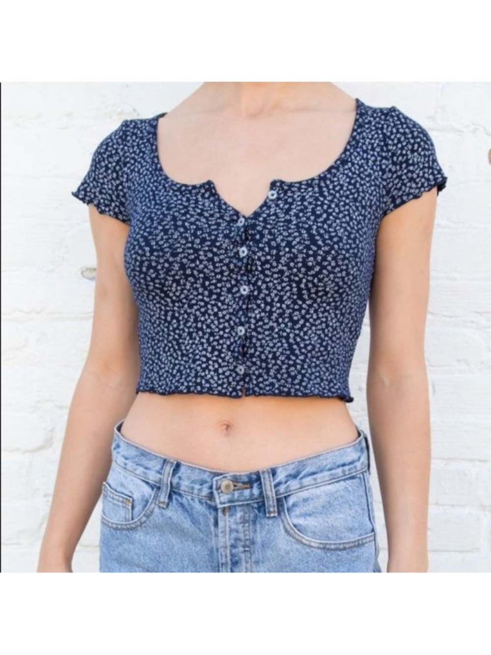 Brandy Melville Blue Floral Short Sleeve Top